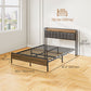 HOMCOM Queen Size Bed Frame with Charging Station, Queen Bed Frame with Upholstered Headboard and Storage Shelf, Walnut