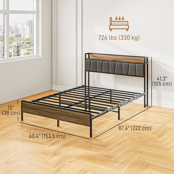 HOMCOM Queen Size Bed Frame with Charging Station, Queen Bed Frame with Upholstered Headboard and Storage Shelf, Walnut