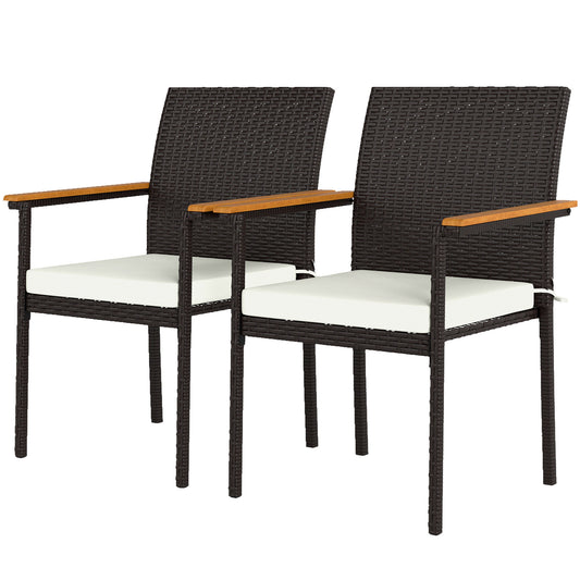 Outsunny Stackable Wicker Patio Chairs Set of 2 with Removable Cushion, Armrest for Garden, Porch, Yard, Cream White