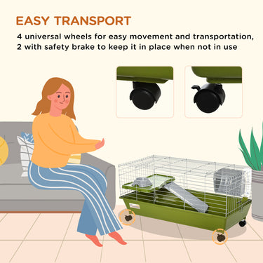 PawHut Small Animal Cage, Rolling Bunny Cage, Guinea Pig Cage with Food Dish, Water Bottle, Hay Feeder, Platform, Ramp, Green