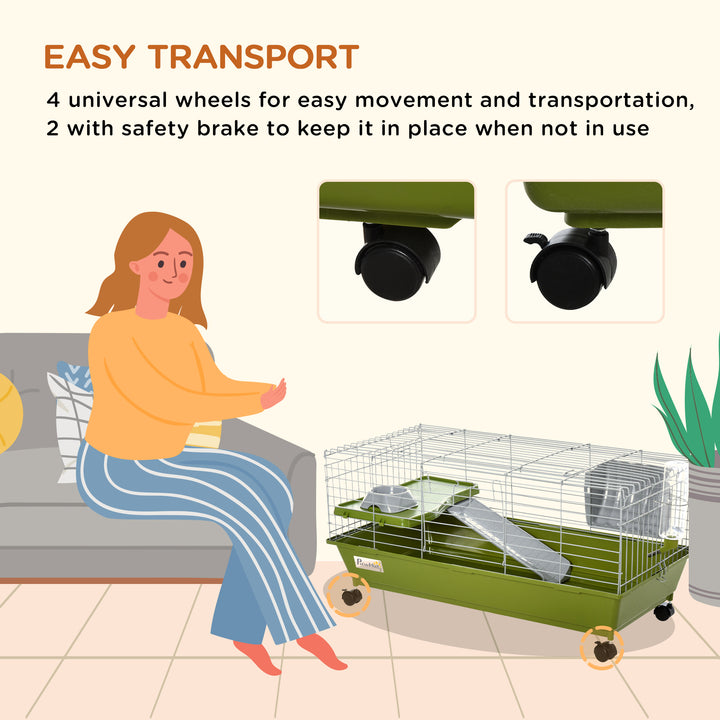 PawHut Small Animal Cage, Rolling Bunny Cage, Guinea Pig Cage with Food Dish, Water Bottle, Hay Feeder, Platform, Ramp, Green