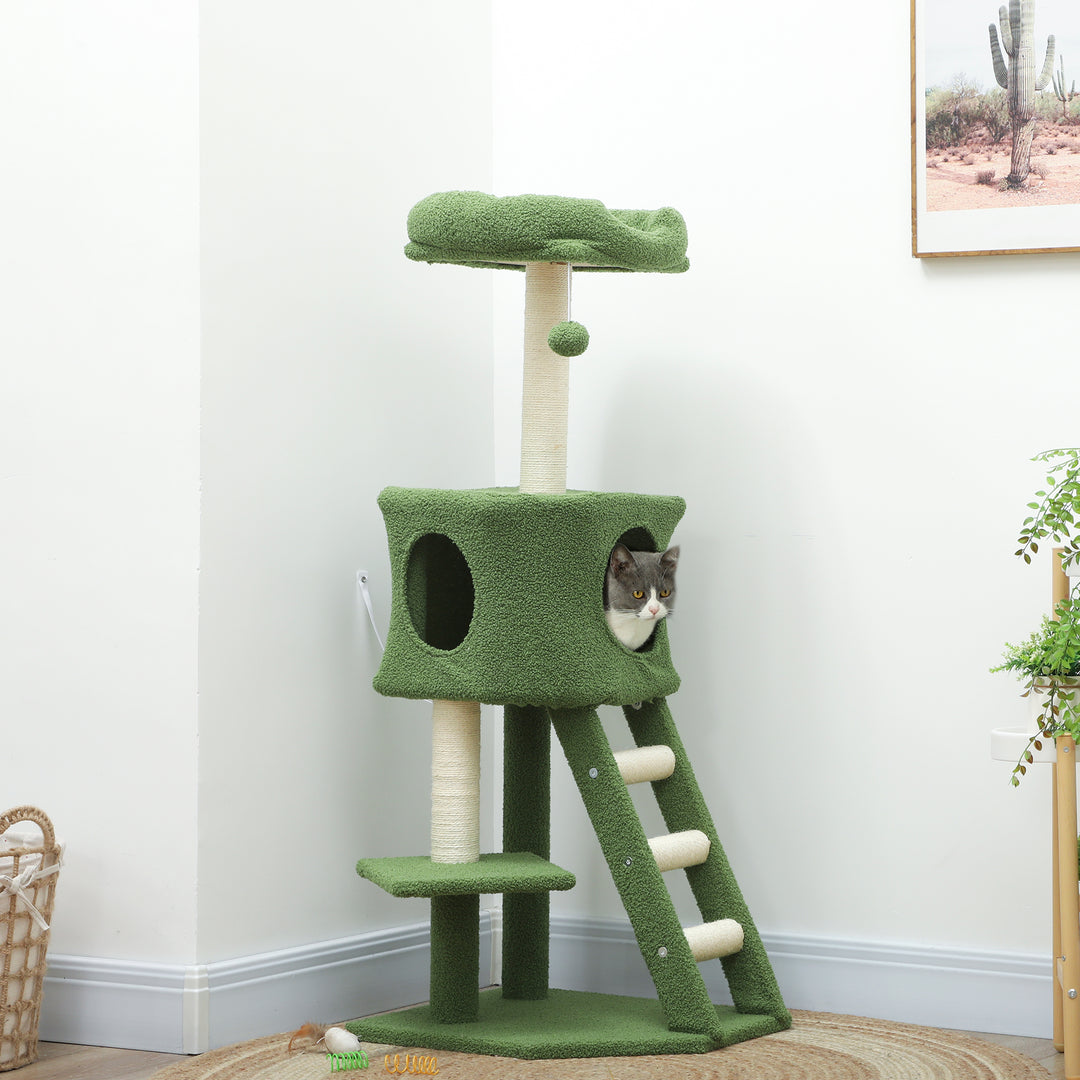 PawHut 47" Tall Cat Tree Tower with Condo, Ladder, Scratching Posts and Hanging Ball, Light Grey