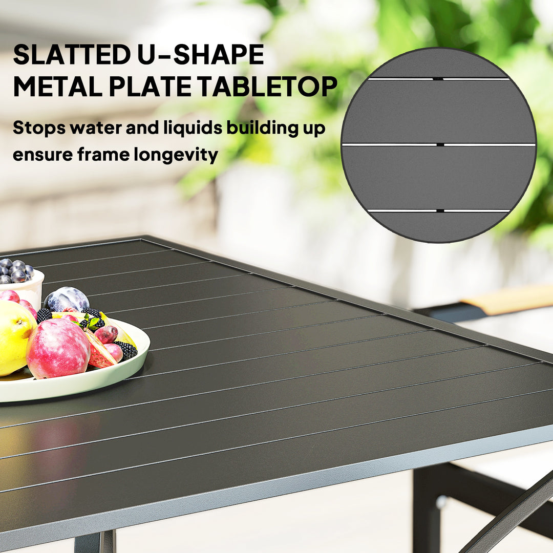 Outsunny Outdoor Dining Table for Four, Patio Table with Parasol Hole, Square Garden Table with Slatted Metal Plate Top, for Backyard, Poolside, Black