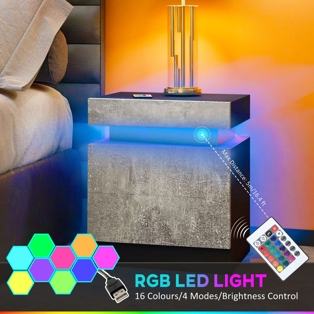 HOMCOM Nightstand, Bedside Table with LED Lights and 2 Drawers for Bedroom, Living Room, White