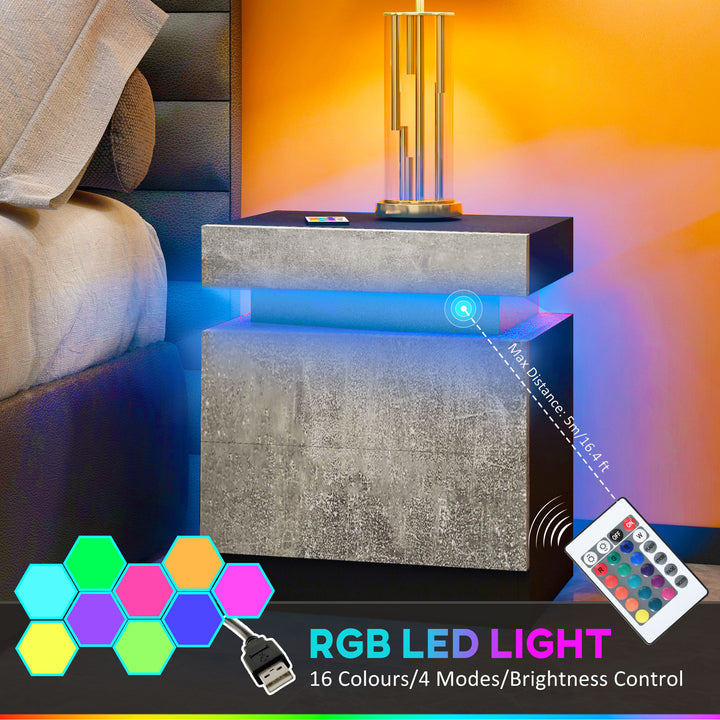 HOMCOM Nightstand, Bedside Table with LED Lights and 2 Drawers for Bedroom, Living Room, White