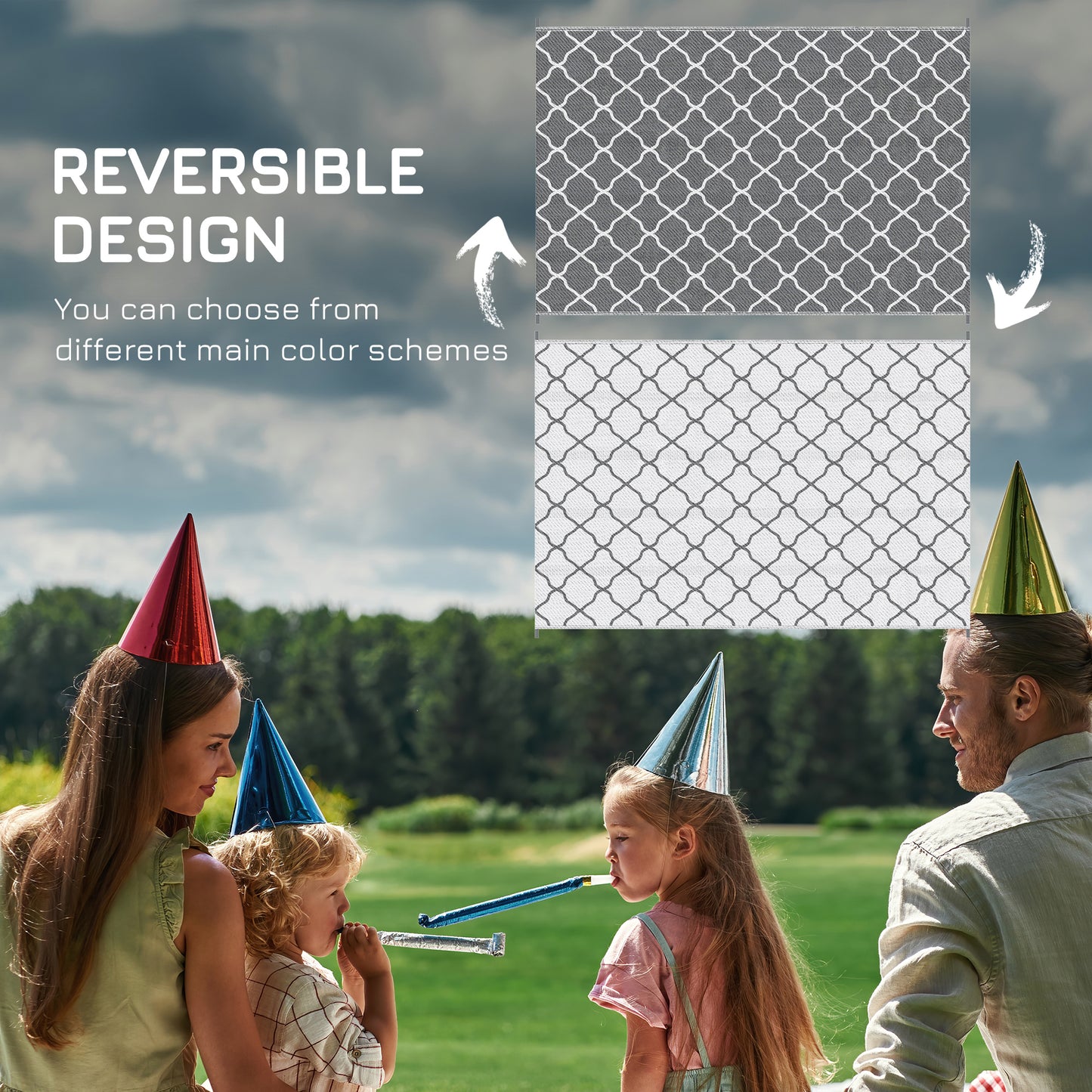 Outsunny Waterproof  Outdoor Rug, 6' x 9' RV Rug Reversible Mat for Backyard, Deck, Picnic, Beach, Camping, Grey & White Net