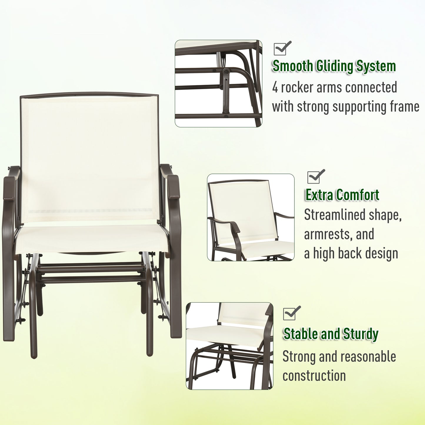 Outsunny 3 Piece Patio Glider Set Outdoor Gliders with Breathable Mesh Seat, Glass Top Table for Garden, Yard, Cream White