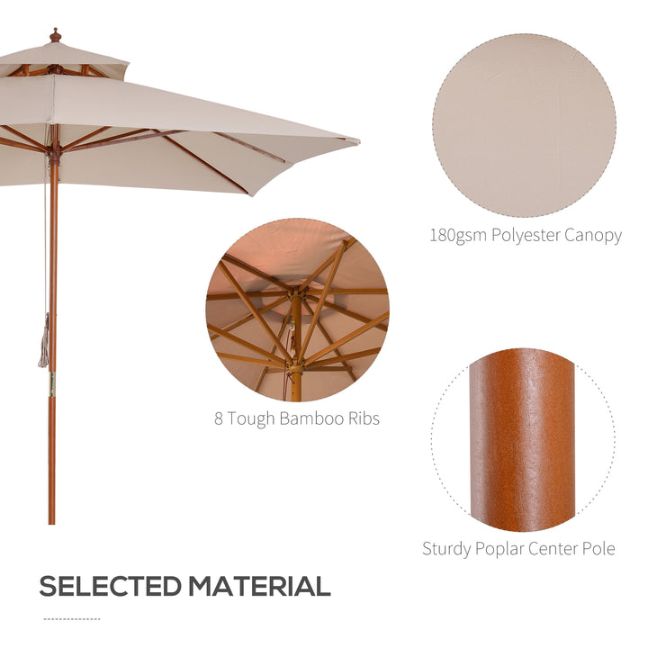 Outsunny 10x10ft Wood Square Patio Umbrella Garden Market Parasol Sunshade Canopy with 2 Pulley Pagoda Style, Khaki