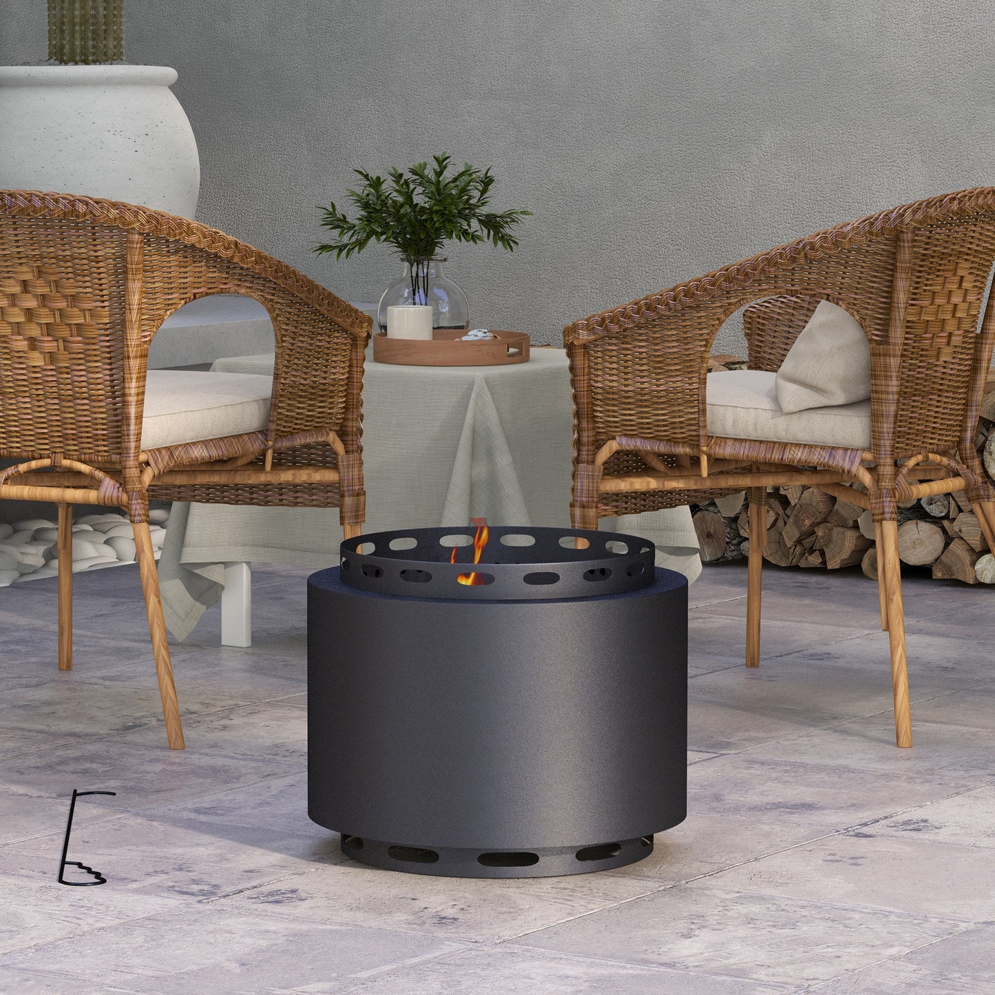 Outsunny Smokeless Fire Pit with Ash Catcher, Portable Wood Burning Firepit with Poker for Garden Camping Bonfire Party, Black