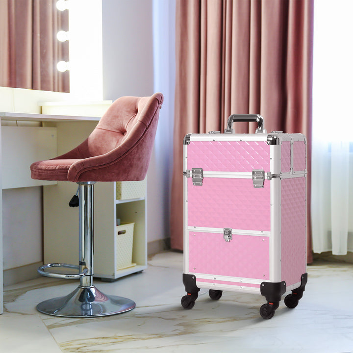 HOMCOM Portable Aluminum Makeup Train Cases, Rolling Makeup Case, Salon Beauty Cosmetic Jewelry Organizer Trolley with 4 Wheels, Pink