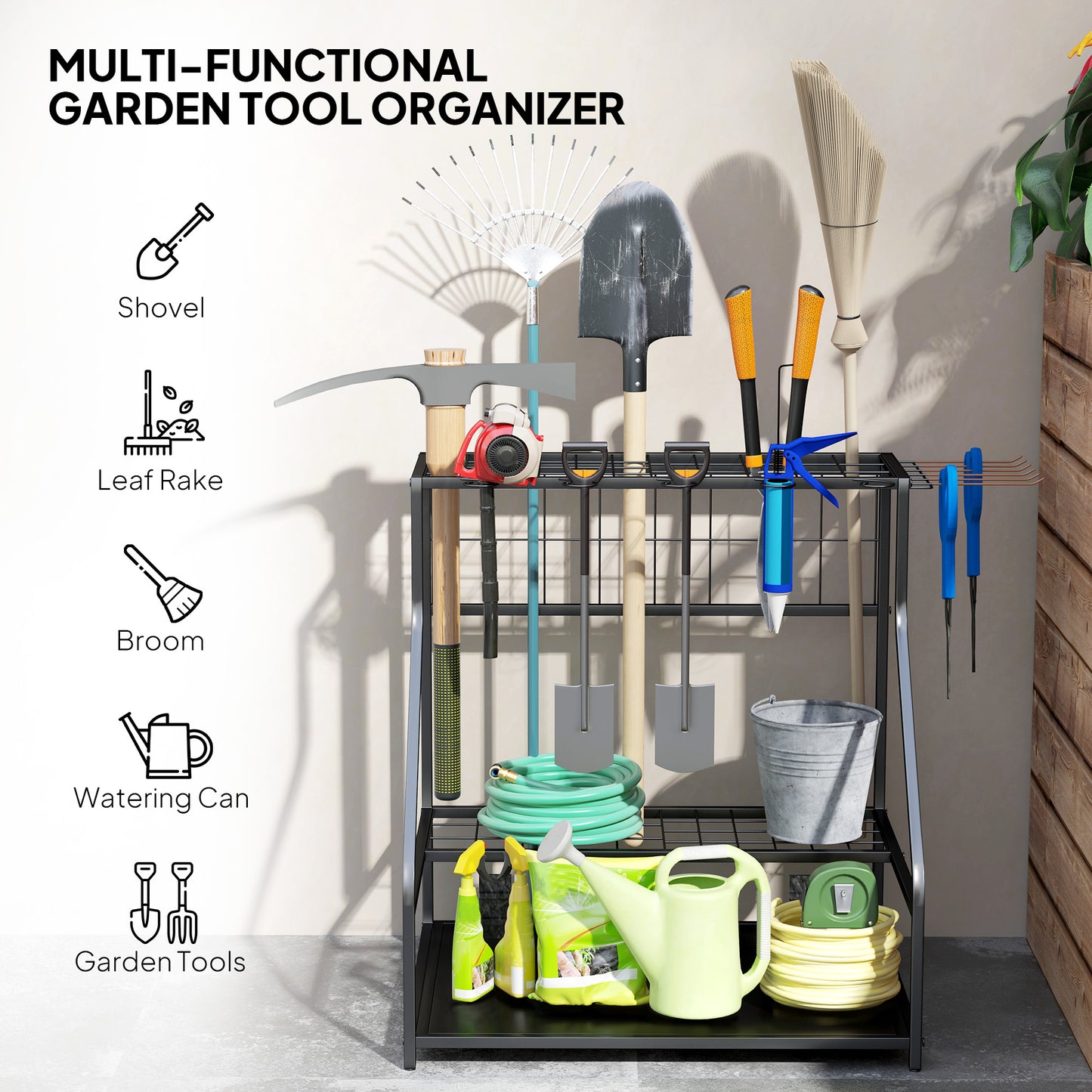 Outsunny 3-Tier Yard Tool Tower Rack, Garden Tool Organizer with Hooks for Long-Handled Rakes, Shovel, Broom, Orange