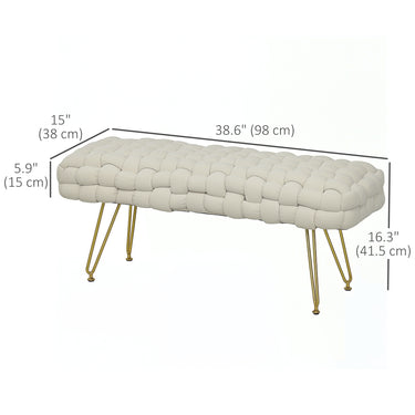 HOMCOM Upholstered Velvet End of Bed Bench 39" Woven End of Bed Bench with Gold Metal Legs for Entryway, Cream White