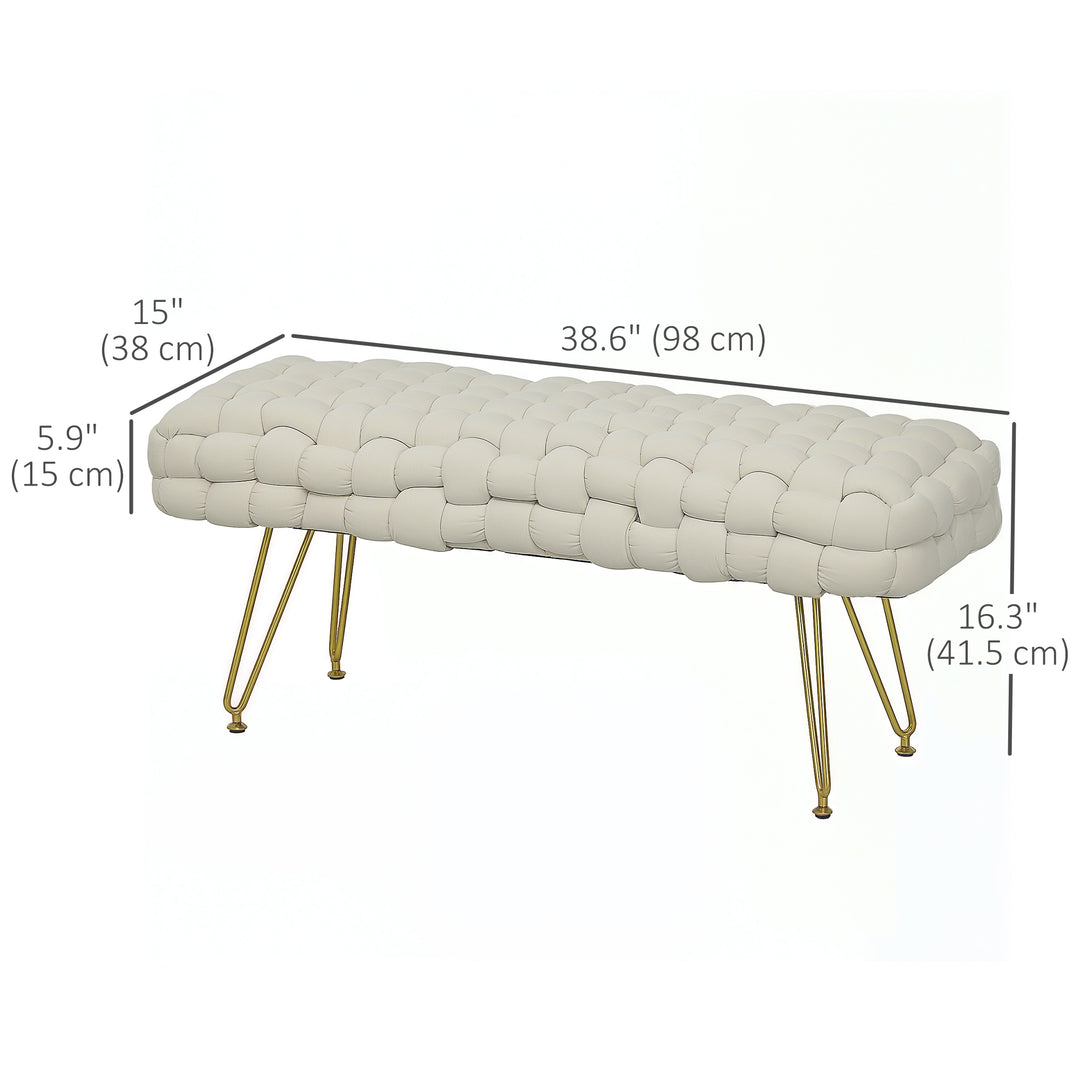 HOMCOM Upholstered Velvet End of Bed Bench 39" Woven End of Bed Bench with Gold Metal Legs for Entryway, Cream White