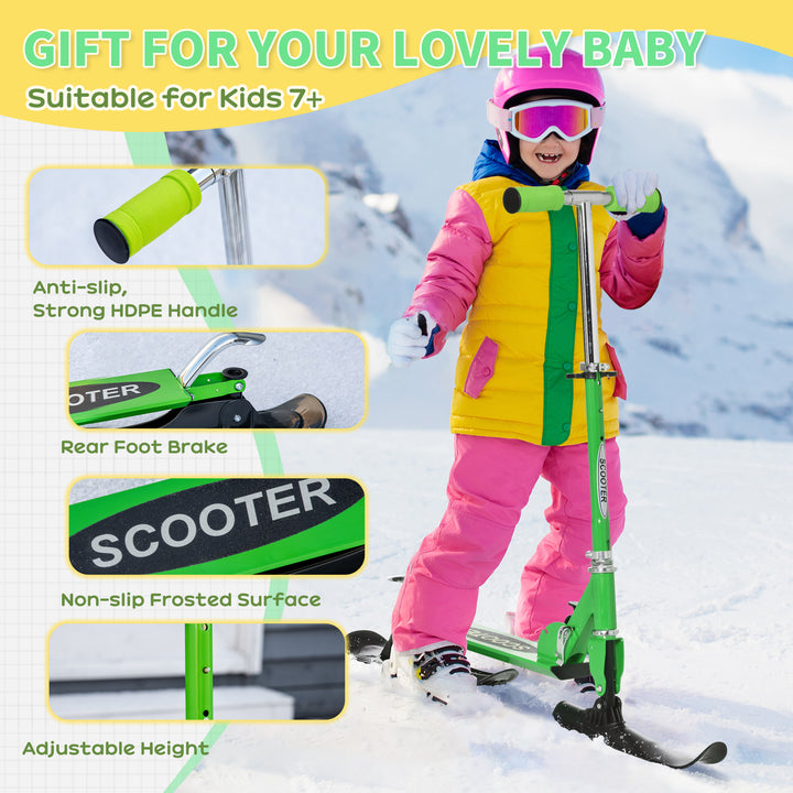 Qaba Snow Scooter, 2 in 1 Design Adjustable Height Scooter Snow Sled for Kids Aged Over 7 Years Old, Kids Sled Ski Scooter with Wheels Blades, Green