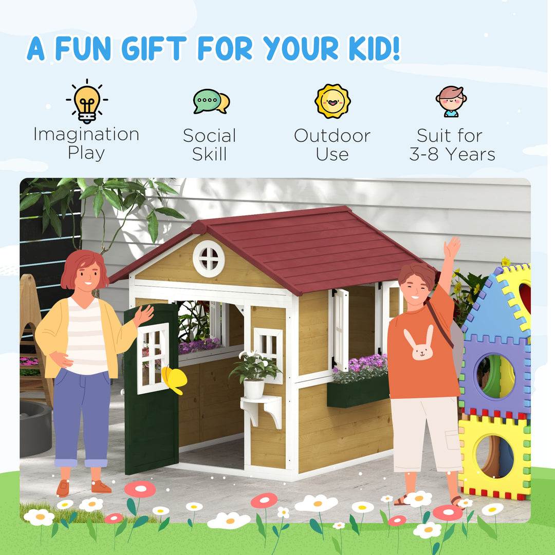 Outsunny Wooden Playhouse for Kids Outdoor with Door, Windows, Planter Pots and Boxes for Toddlers 3-8 Years, Beige