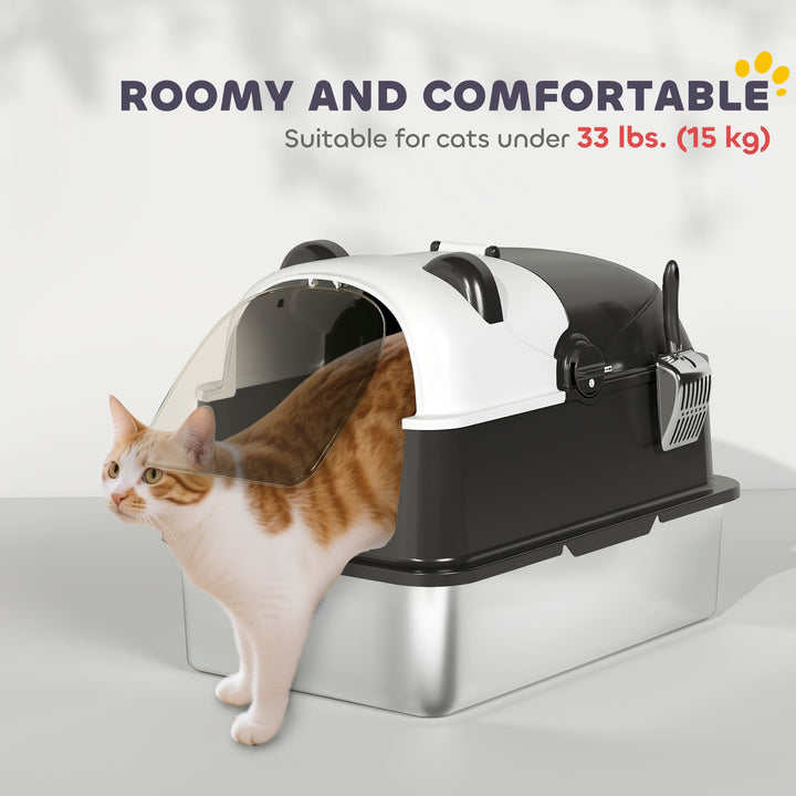 PawHut Panda Style XL Stainless Steel Cat Litter Box with Lid, Enclosed Kitty Litter Box with Scoop, 23.7" x 15.9" x 17.6"