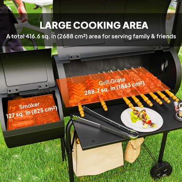 Outsunny Portable Outdoor Charcoal BBQ Grill with Offset Smoker, Barbecue Grill with Spacious Cooking Area, 2 Shelves, Thermometer, Wheels for Patio Backyard Party, Black