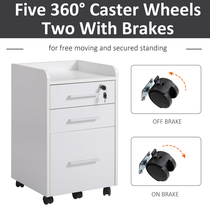 HOMCOM 3 Drawer File Cabinet with Lock and Edged Top, Lockable Filing Cabinet on Wheels for Letter and A4 Size, White