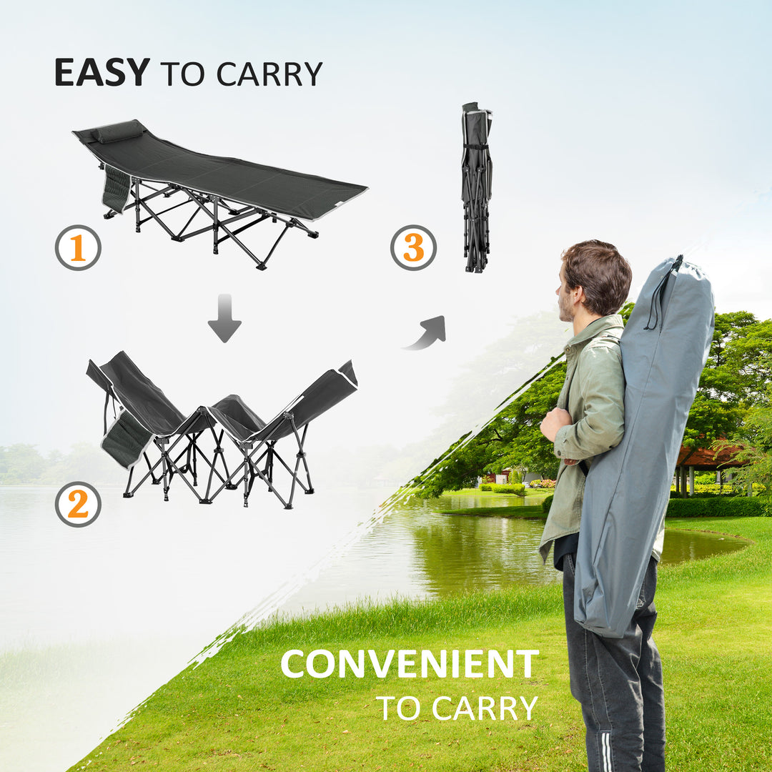 Outsunny Folding Camping Cot with Mattress & Pillow, Double Layer Oxford Heavy Duty Sleeping Cot with Carry Bag Light Grey