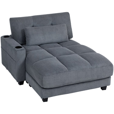 HOMCOM 58" Chaise Lounge Indoor, Oversized Corduroy Sofa Bed with 2 Cup Holders, Pillow, Deep Seat Sleeper Couch, Dark Grey