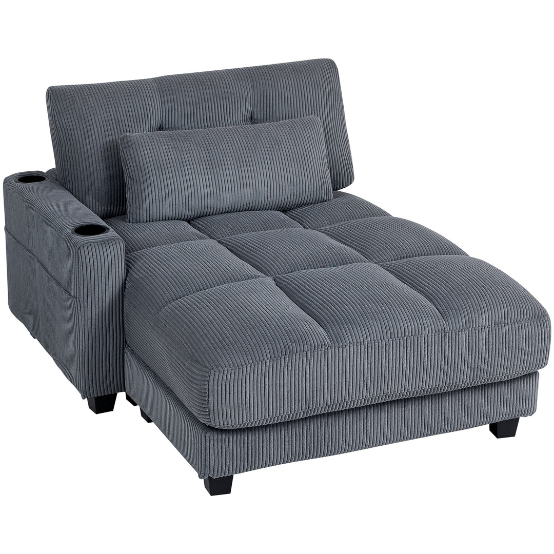 HOMCOM 58" Chaise Lounge Indoor, Oversized Corduroy Sofa Bed with 2 Cup Holders, Pillow, Deep Seat Sleeper Couch, Dark Grey