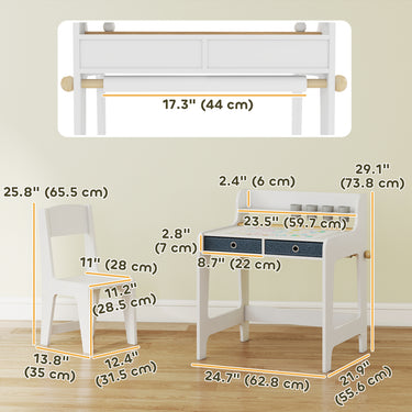 Qaba Kids Study Table and Chair Set, Art Desk and Chair Set with Storage Shelf and Drawers for 3-8 Year Old