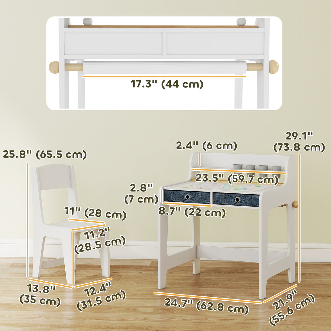 Qaba Kids Study Table and Chair Set, Art Desk and Chair Set with Storage Shelf and Drawers for 3-8 Year Old