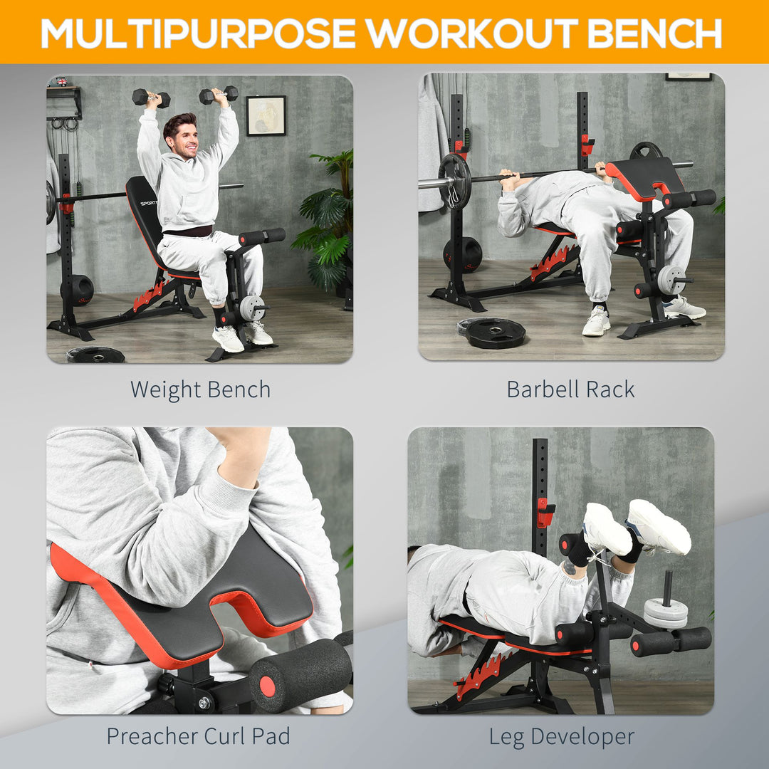 Soozier Adjustable Weight Bench with Squat Rack, Preacher Curl Pad and Leg Developer, Home Gym Bench for Full Body Workout