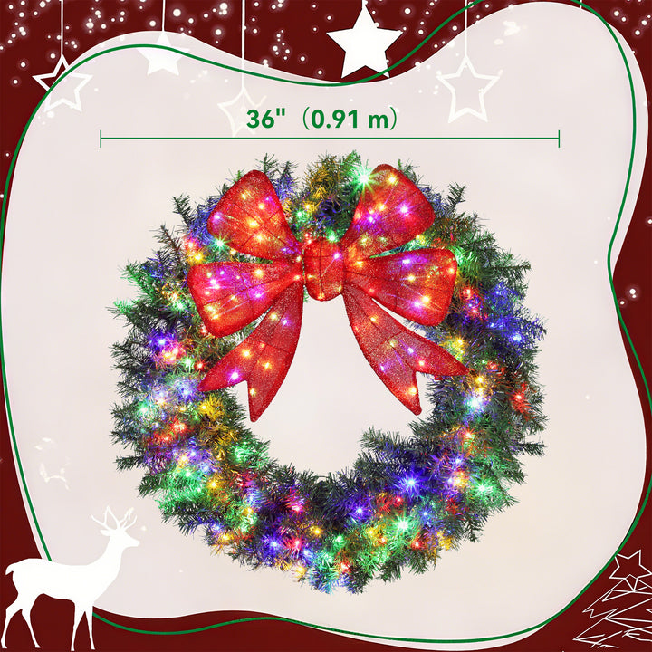 HOMCOM 36in Pre-Lit Christmas Wreath with 3D Red Bow, 11 Lighting Modes, Front Door Christmas Wreath with Remote
