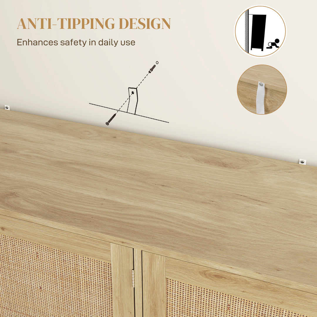 HOMCOM Bohemian Sideboard, 46.9" Buffet Cabinet with 3 Rattan Doors and Shelves for Living Room, Hallway, Oak