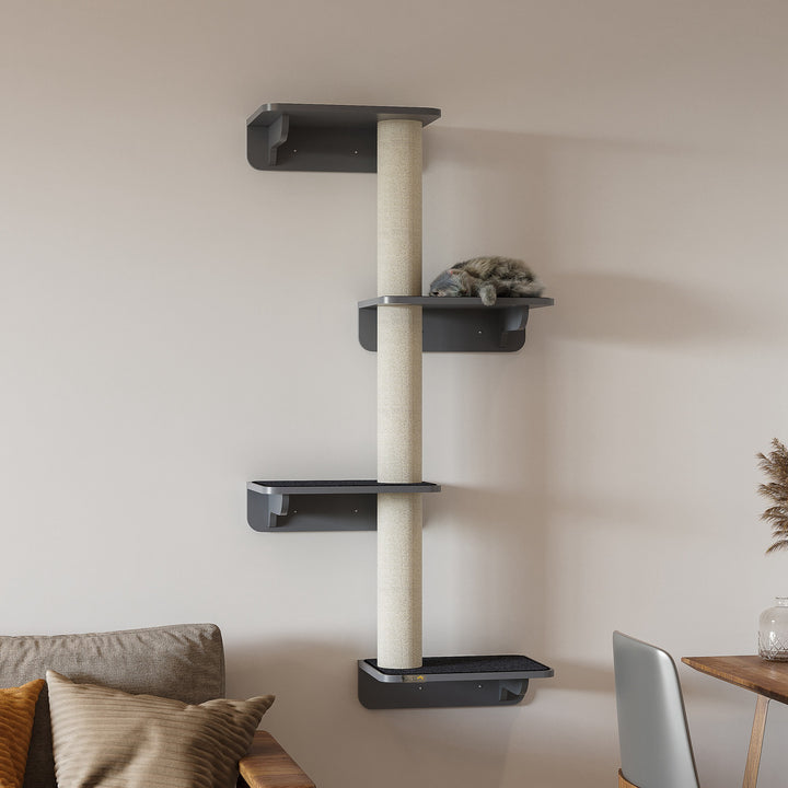 PawHut Wall-Mounted Cat Shelf with 4 Platforms and 3 Scratching Posts, Cat Wall Climber for Climbing and Lounging, Light Grey