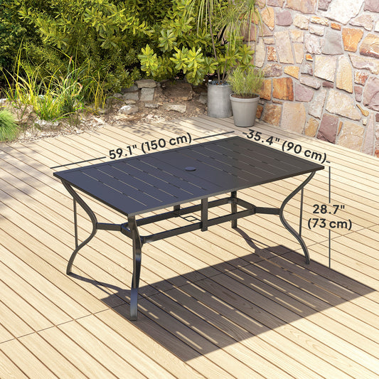 Outsunny Rectangle Patio Dining Table with Umbrella Hole, Outdoor Dining Table for 6 with Steel Frame for Garden, Balcony, Black