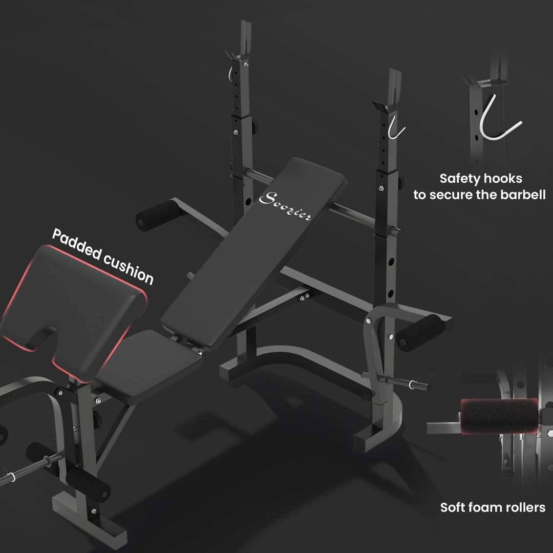 Soozier Adjustable Weight Bench with Bench Press Rack, Preacher Curl Bench, Leg Extension and Lat Pull Down