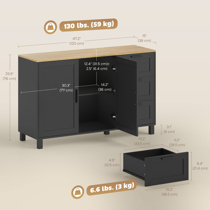 HOMCOM Buffet Cabinet with Soft-Close Doors, Modern Sideboard with 3 Drawers for Living Room, Kitchen, Dining Room, Black