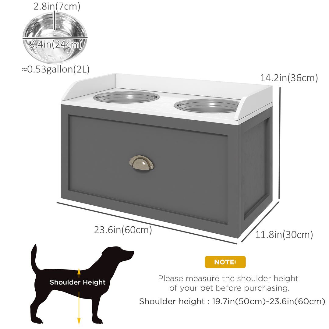 PawHut Elevated Dog Bowls Raised Pet Feeding Station with Storage 2 Stainless Steel Bowls, 23.6"x11.8" x14.2", White