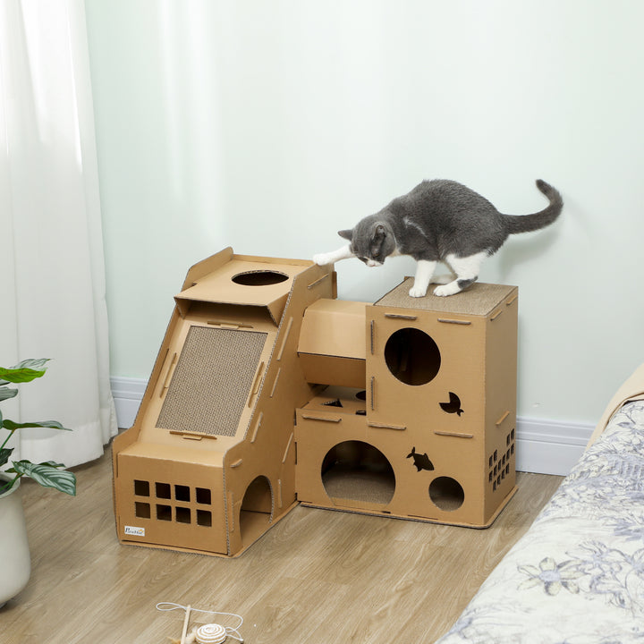 PawHut Multi-Level Cardboard Cat House, Corrugated Cardboard Play Condo with Scratching Pads for Indoor Kittens