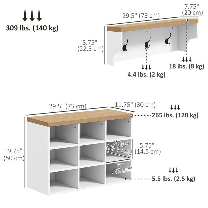 HOMCOM 2-in-1 Hall Tree, 5-Hook Coat Rack Shoe Bench Set w/ Bench and Shoe Storage for Entryway, Hallway, White