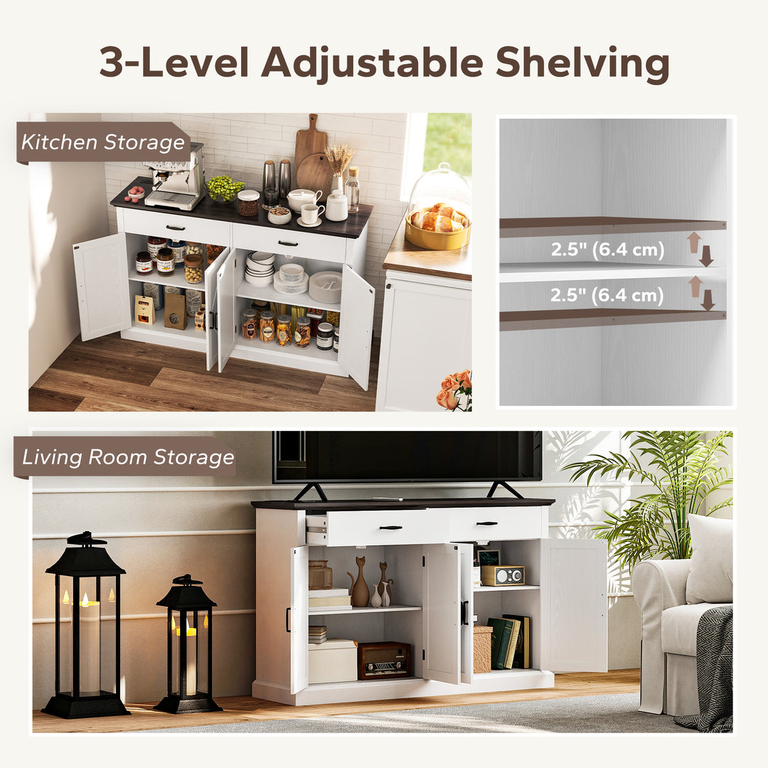 HOMCOM 55" Buffet Cabinet, Farmhouse Sideboard with 1.2" Thick Top, 4 Barn Doors, 2 Drawers and 2 Adjustable Shelves, White