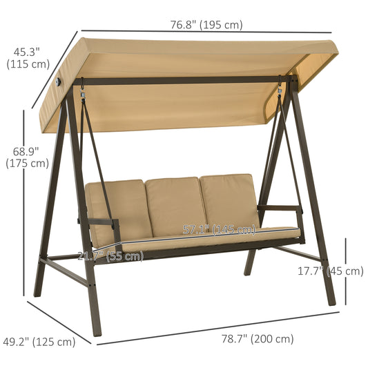 Outsunny 3 Seater Patio Swing Chair, Porch Swing with Adjustable Canopy and Removable Cushions, Outdoor Swing Seat, Beige