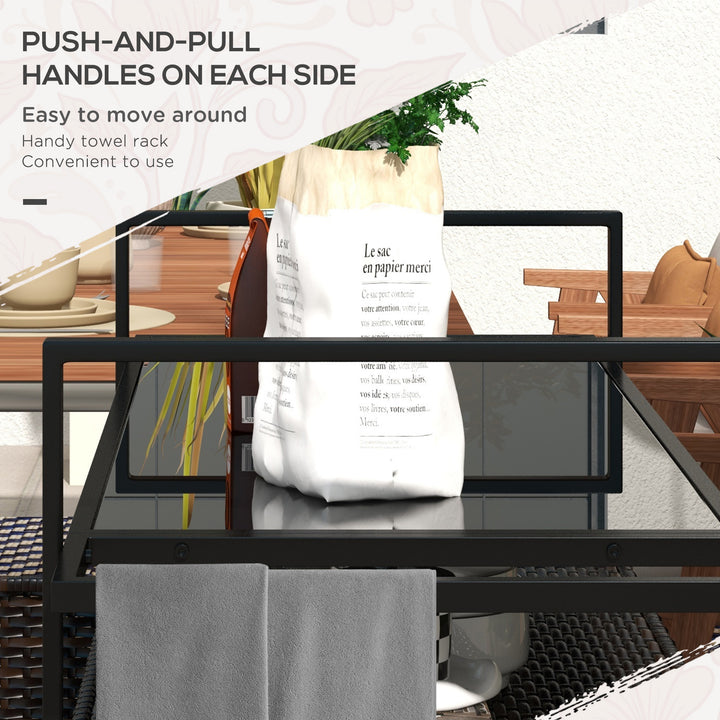 Outsunny 2-Tier PE Rattan Outdoor Bar Cart, Glass Top Outdoor Kitchen Island with Cabinet, Mixed Brown