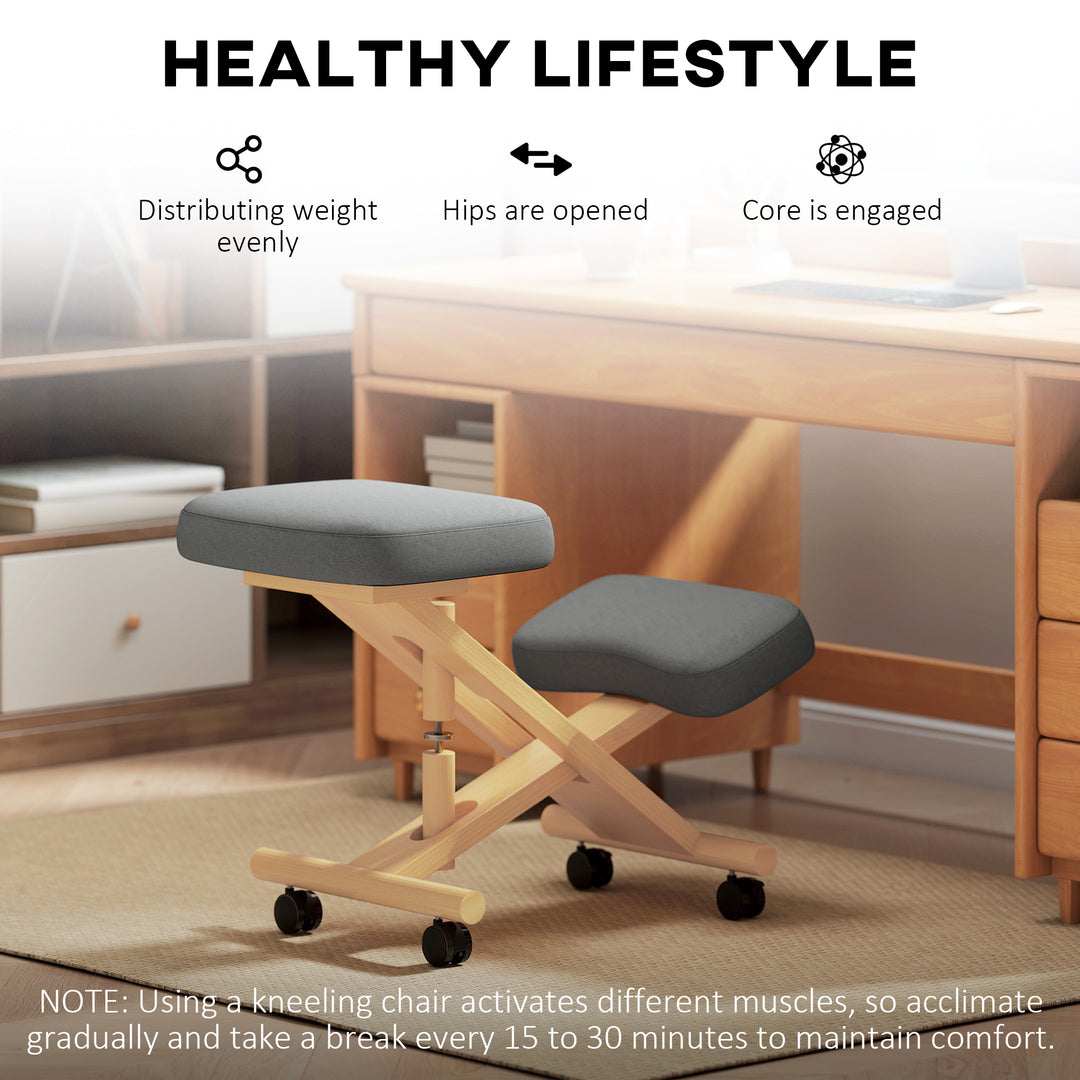 HOMCOM Ergonomic Kneeling Chair, Posture Chair with Rubberwood Frame, Wheels for Home Office, Posture Correction, Cream White