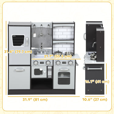 Qaba Play Kitchen for Kids, Pretend Kids Kitchen Playset with Switch Knob Sound, Accessories for Ages 3-8 Years, Dark Brown