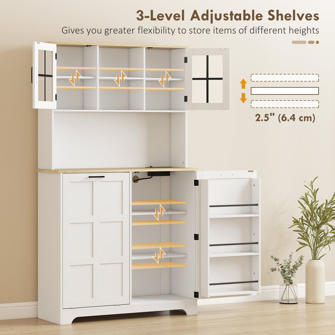 HOMCOM Kitchen Pantry Cabinet with Charging Station, 7 Gallon Trash Can Cabinet, Adjustable Shelves and Acrylic Doors, Black