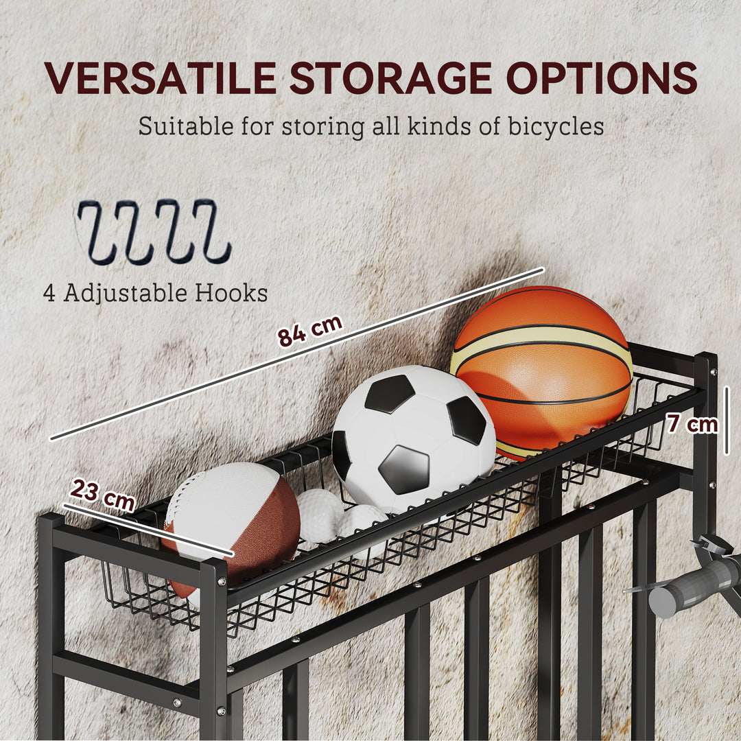 Soozier 3 Bicycle Bike Stand, Metal Floor Bike Storage Rack with Basket, Hooks, Indoor Outdoor Bicycle Stand, Black