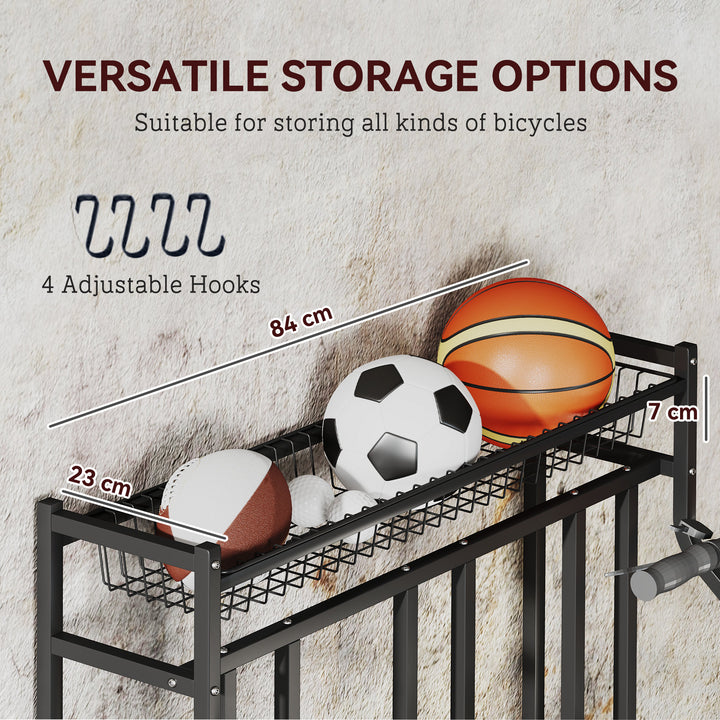 Soozier 3 Bicycle Bike Stand, Metal Floor Bike Storage Rack with Basket, Hooks, Indoor Outdoor Bicycle Stand, Black