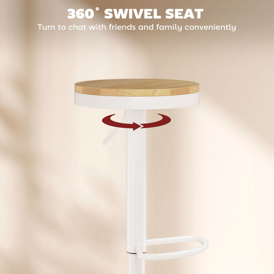 HOMCOM Wood Barstools Set of 2, Swivel Bar Stools with Adjustable Height for Kitchen Counter, Natural Wood and White