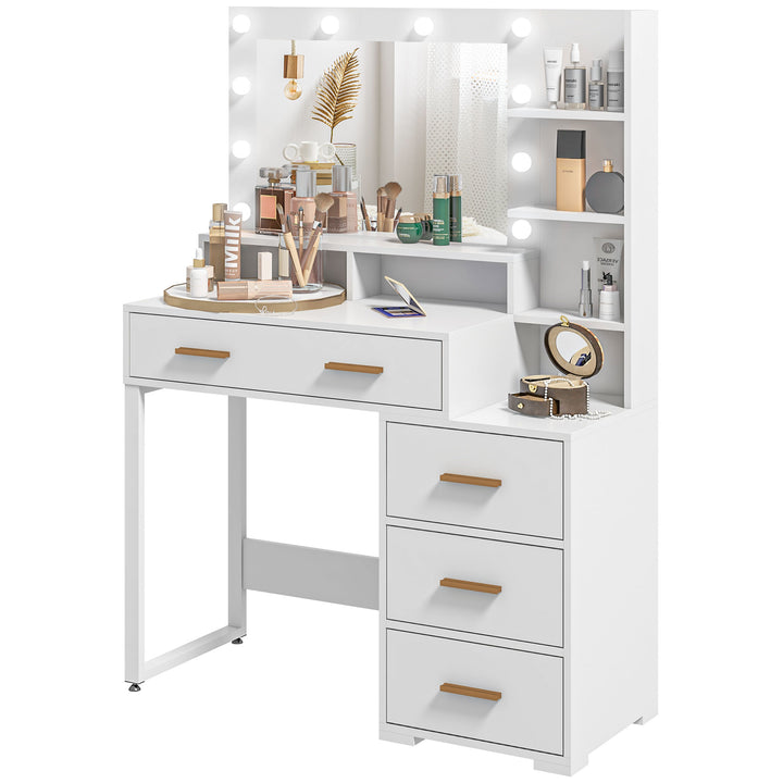 HOMCOM Illuminated Dresssing Table, LED Vanity Table with Mirror, Drawer and Storage Shelves for Bedroom, White