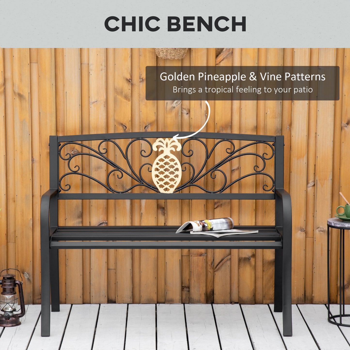 Outsunny 2 Seater Garden Bench 45" x 21.75" x 35.5" Steel Frame Loveseat forÂ Yard,Â Lawn,Â Porch,Â Patio,Â Black and Gold