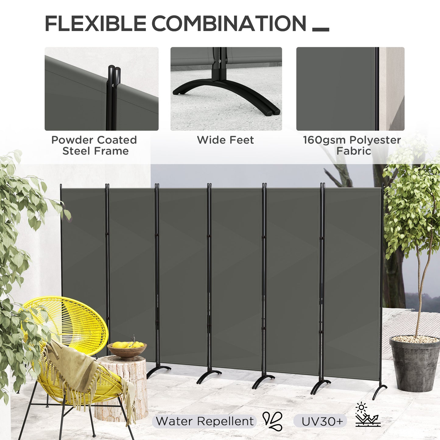 Outsunny 6 Panel Folding Room Divider, UV30+ Privacy Screen, Indoor Outdoor Privacy Panel with Stable Base, Black