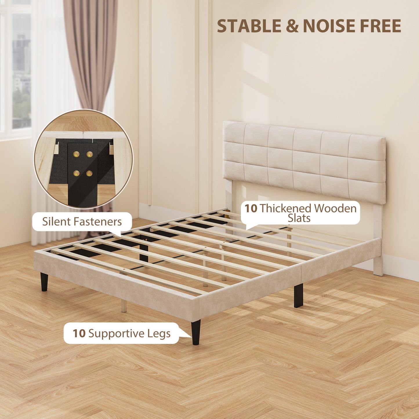 HOMCOM Queen Size Bed Frame with Upholstered Headboard, Modern Platform Bed Frame with Wood Slats, 1100 lbs Capacity, Cream
